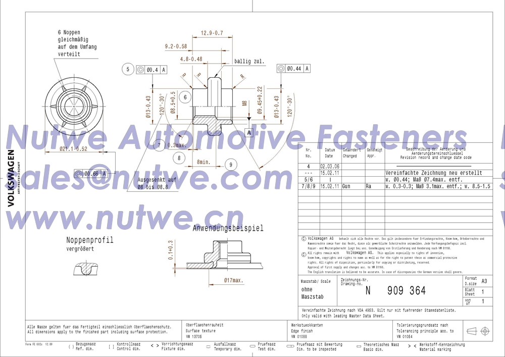 Volkswagen N909364 台阶压铆螺母, 台阶穿刺螺母 图纸和技术参数