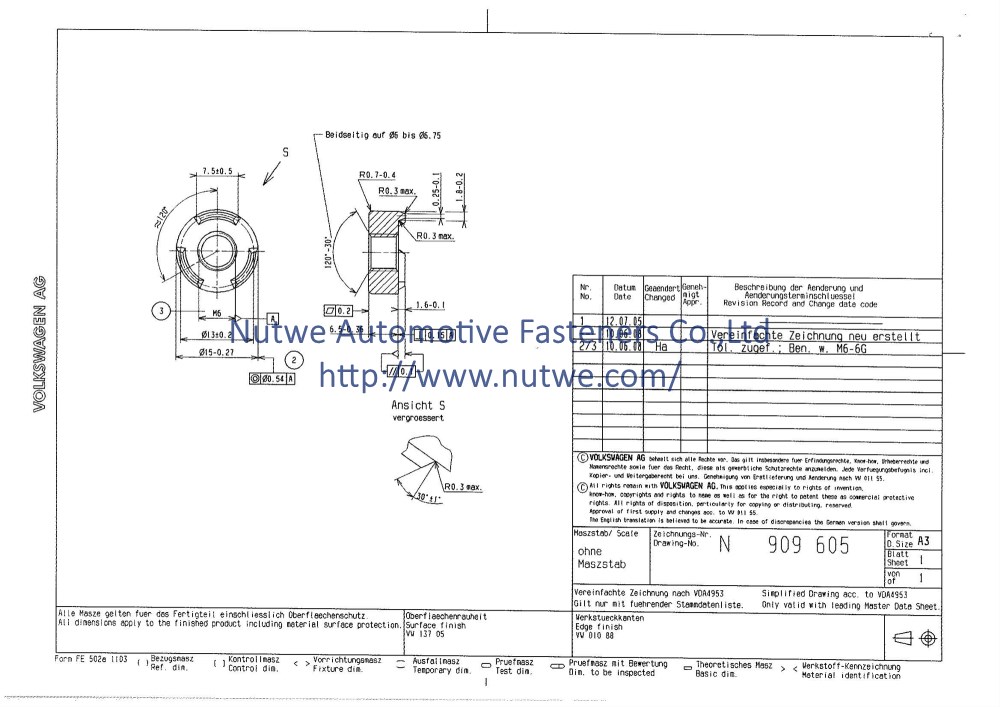 Volkswagen N909605 圆焊接螺母 图纸和技术参数