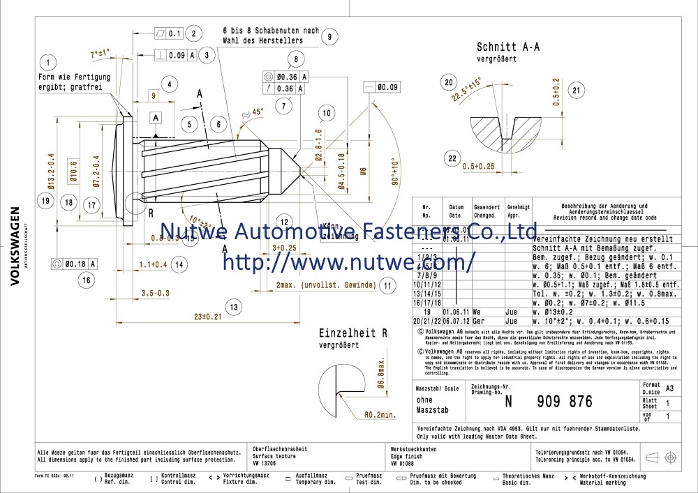 Volkswagen N909876 Weld Screws Coarse Thread Bolt Engineer Drawing and Technical Data Sheet