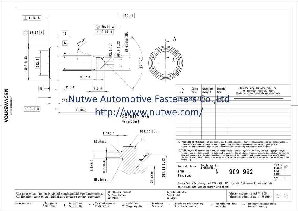 Volkswagen N909992 Projection Weld Screws Engineer Drawing and Technical Data Sheet