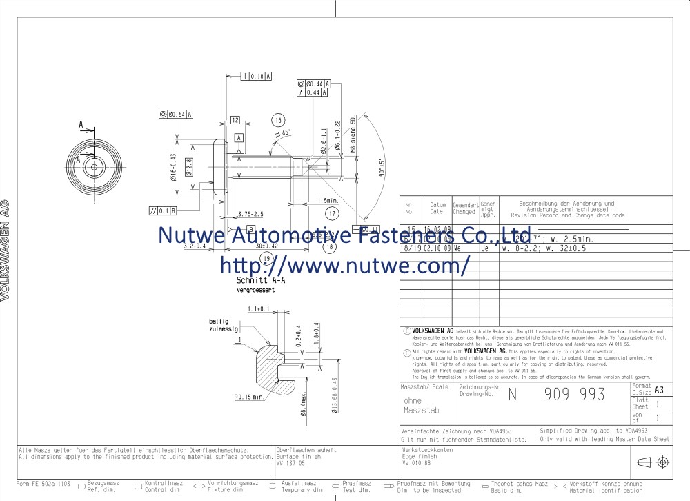 Volkswagen N909993 焊接螺丝 图纸和技术参数