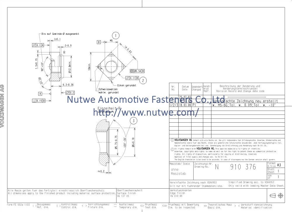 Volkswagen N910376 四方焊接螺母 图纸和技术参数