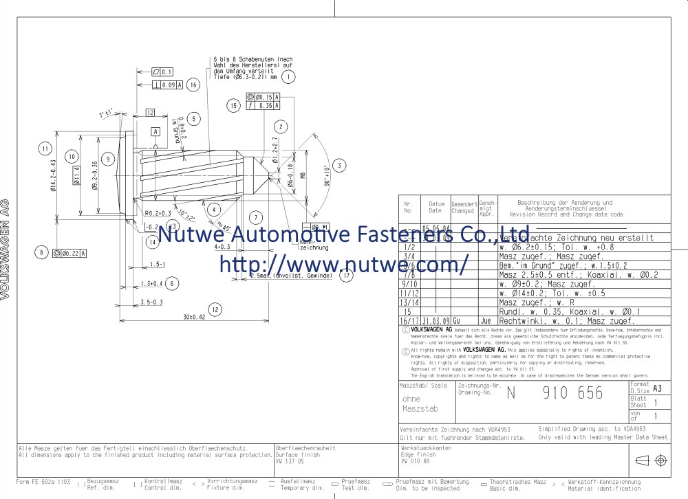 Volkswagen N910656 Weld Screws Coarse Thread Bolt Engineer Drawing and Technical Data Sheet