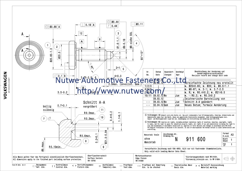 Volkswagen N911600 焊接螺丝 图纸和技术参数