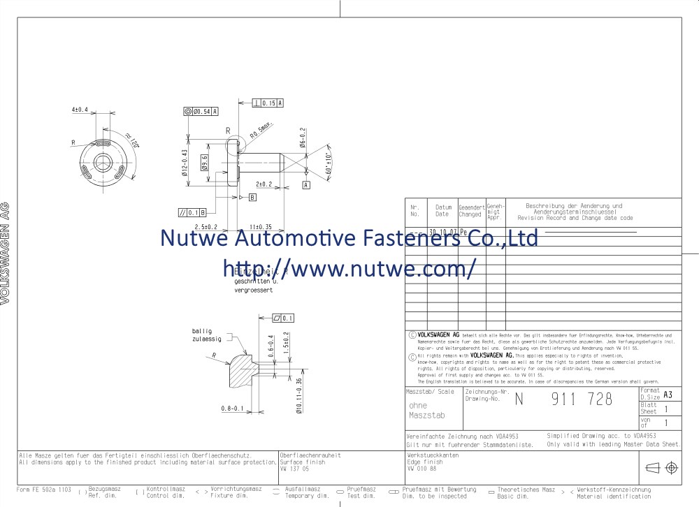 Volkswagen N911728 Projection Weld Pins Engineer Drawing and Technical Data Sheet