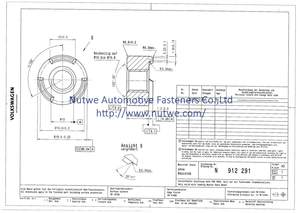 Volkswagen N912291 圆焊接螺母 图纸和技术参数