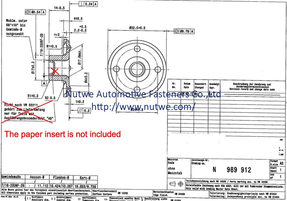 Volkswagen N989912 T型焊接螺母 图纸和技术参数