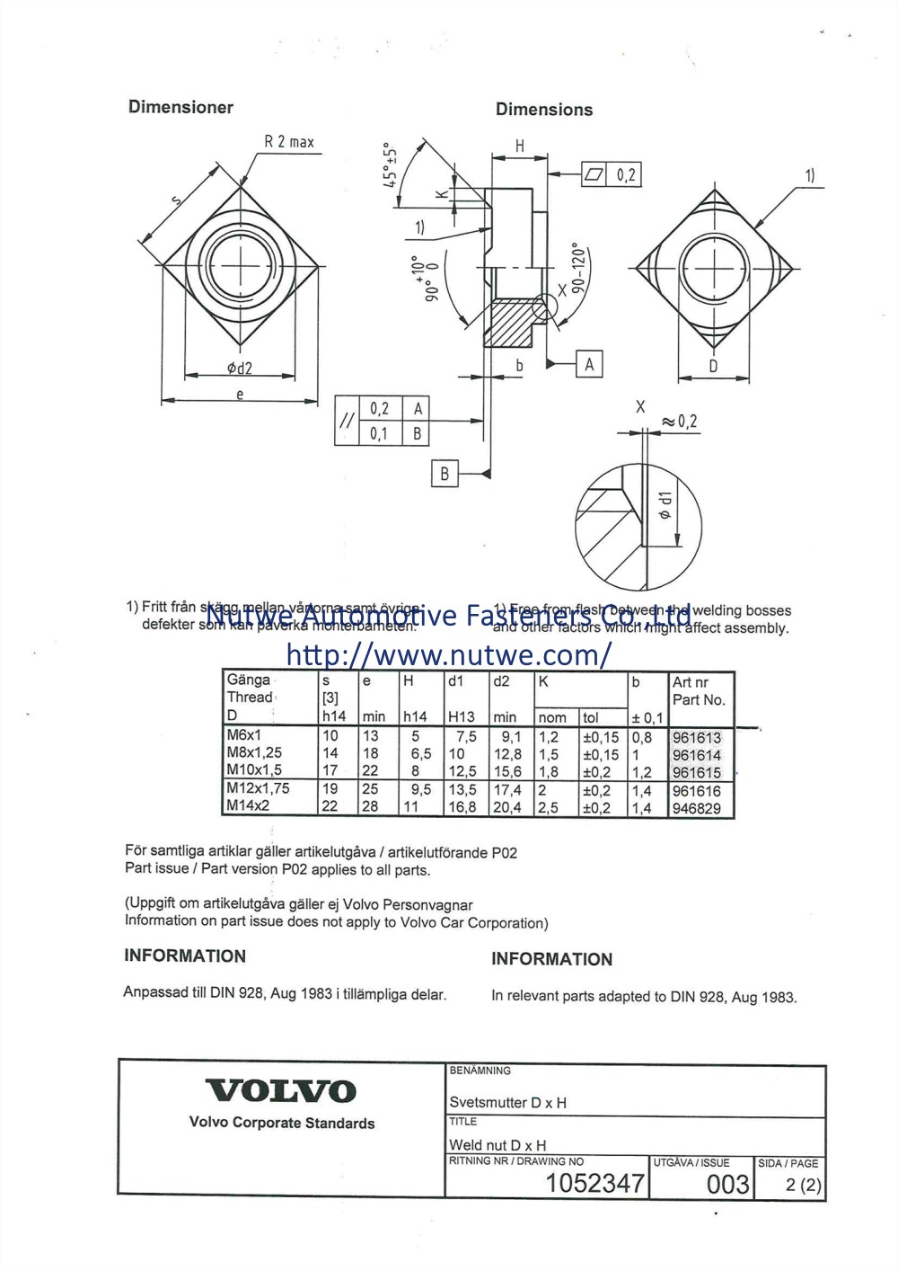 Volvo 961616 Square Weld Nuts Engineer Drawing and Technical Data Sheet