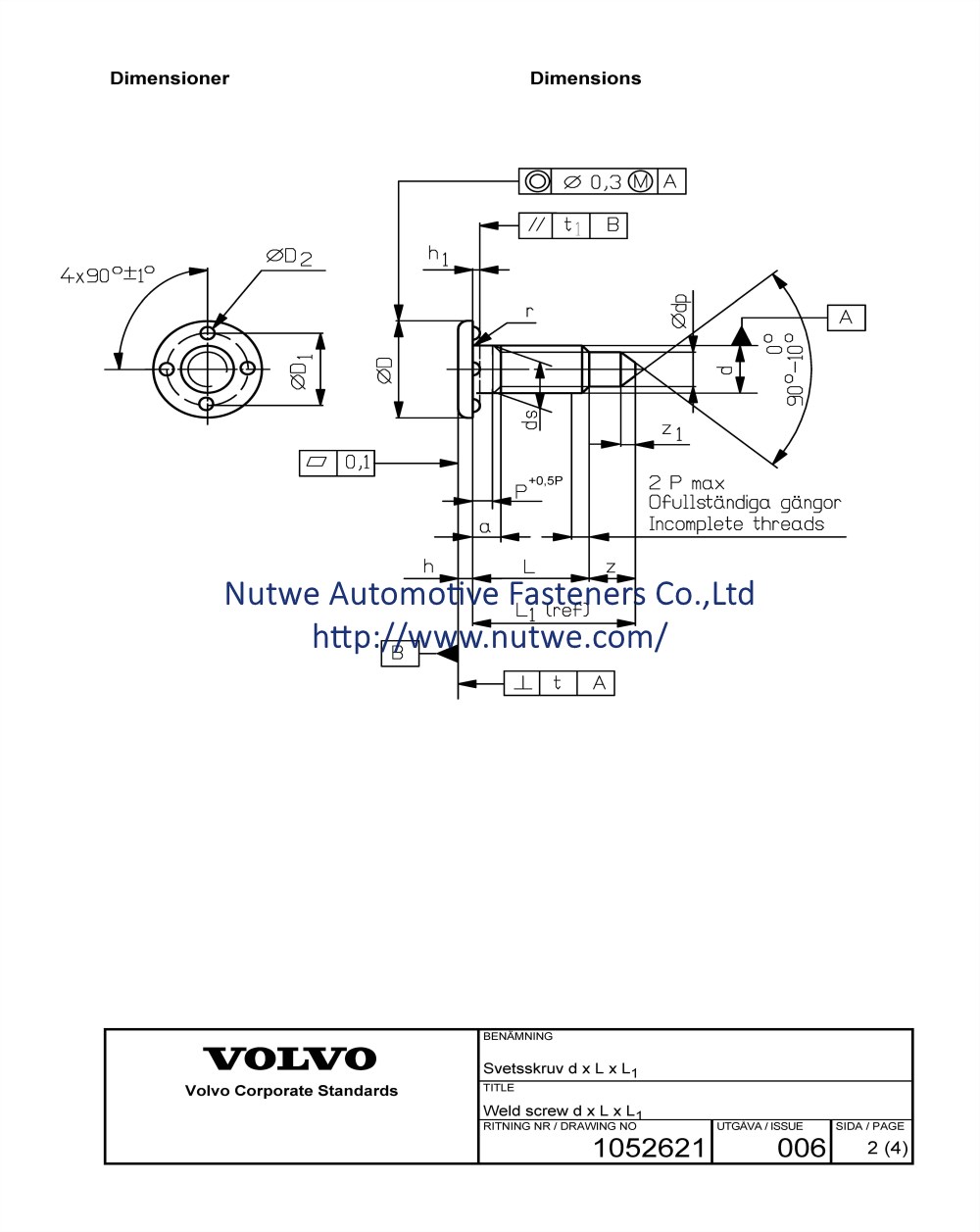 Volvo 1052621 焊接螺丝 图纸和技术参数