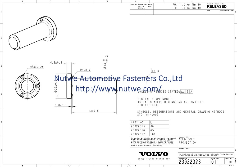 Volvo 23922323 焊接螺丝 图纸和技术参数